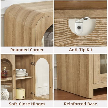 65" Sideboard Buffet Cabinet with Arched Glass Doors, Natural, view 7