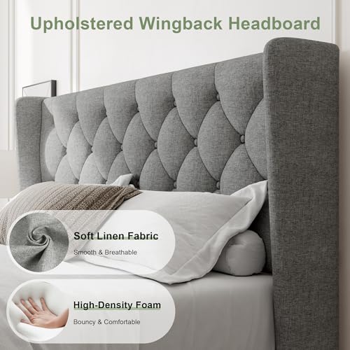 Queen Bed Frame with Upholstered Wingback Headboard, view 4