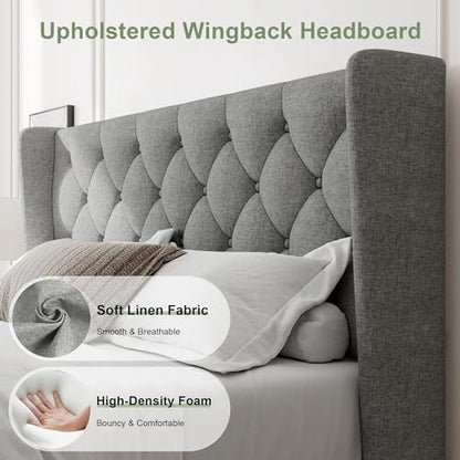 Queen Bed Frame with Upholstered Wingback Headboard, view 4