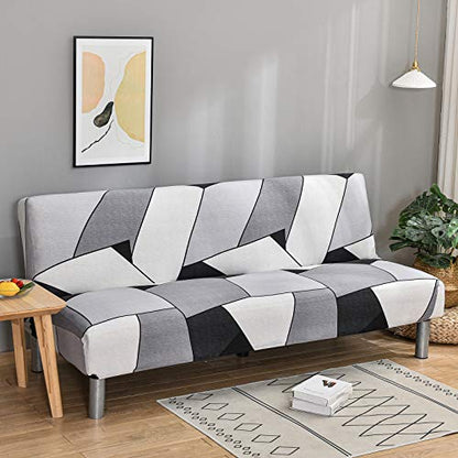 Armless Sofa Cover Futon Slipcover Stretch Elastic Folding Sofa Bed Non-Armrest Couch Furniture Protector Spandex Printed Washable Sofa Cover Without Armrests (Grey White Black)