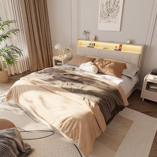 Queen Bed Frame with 4 Drawers & Storage Headboard, Beige, view 4