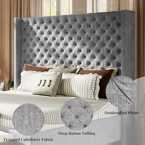 Queen Bed Frame with 63" Tall Wingback Headboard, Grey, view 6