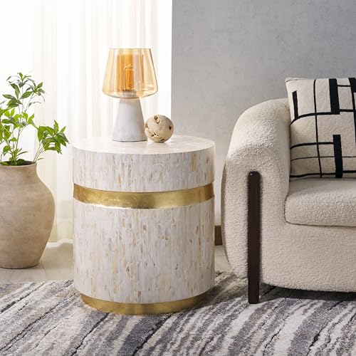 Safavieh Home Collection Perla Mosaic Round Pink Champagne and Gold Side Table