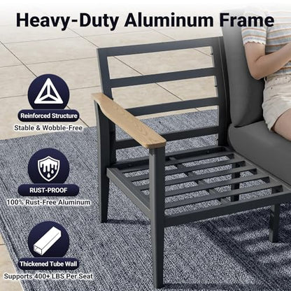Aluminum Outdoor Patio Furniture Set with 5.1-Inch Cushions | 8-Piece: 3-Seat Sofa, 4 Swivel Rocking Chairs, 2 Side Tables & 55,000 BTU Fire Pit Table, Black