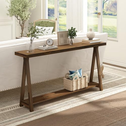 63" Solid Wood Farmhouse Console Table for Living Room, Natural | Rustic Hallway Stand for Entryway, 2-Tier Sofa Storage Unit