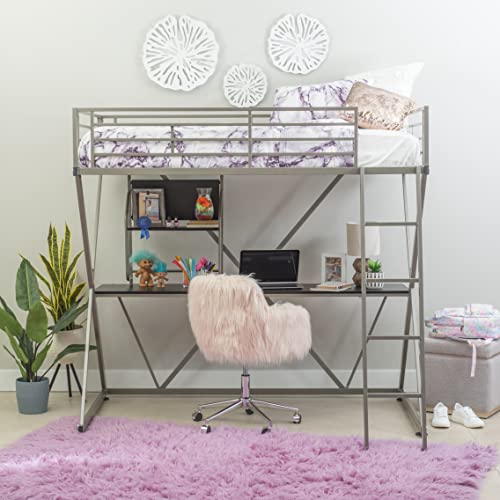 Powell Furniture Z-Bedroom Metal Pewter Powder Coated Twin Size Loft Study Bunk Bed with Computer Desk