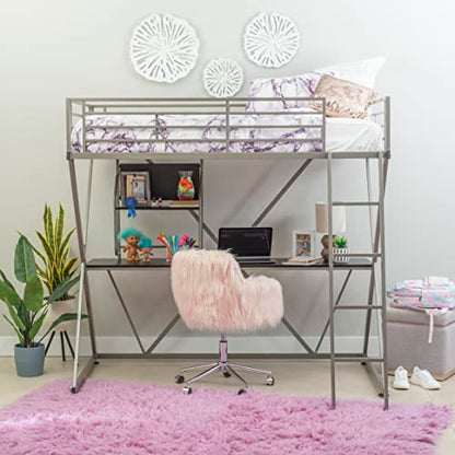 Powell Furniture Z-Bedroom Metal Pewter Powder Coated Twin Size Loft Study Bunk Bed with Computer Desk