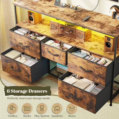 TV Stand for 45/50" TVs, 5 Drawers & LED Lights & Power Outlets | Strong Metal Frame for Stability, Spacious Shelves Display Collections & Keep Organized, Dresser for Bedroom & Studio, Brown