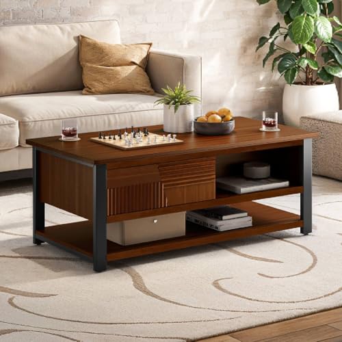 Trapeze Coffee Table for Living Room – Modern Wooden Center Table with Storage, Metal Legs, Large Walnut Coffee Table for Stylish Living Room Furniture Setup