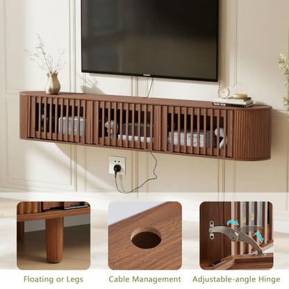 71''Fluted Floating TV Stand Wall Mounted for 65-80 Inch TV-Walnut, view 7