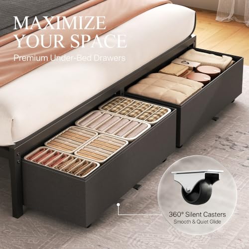 Queen Bed Frame with Storage Drawers and Charging Station, Grey, view 4