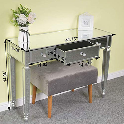 Mirrored Console Table, Coast Mirrored Desk, Makeup Desk Vanity Dressing Table for Women with 3 Drawers Silver at Hallway or Bedroom, Side Table 42''L x 15''W x 30''H