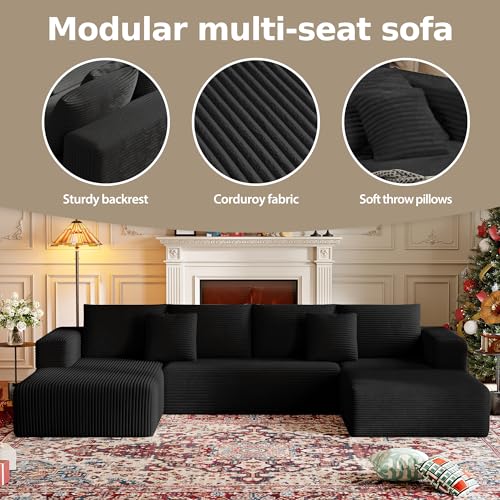 CHORRO134.6''Sectional Boneless Couch for Livingroom,Modular Corduroy Cloud Couch, U-Shaped Sofa with Chaise and Pillows,4-Deep Seat Sectional Sofa with 1 Ottoman,(Black,Left Chaise)