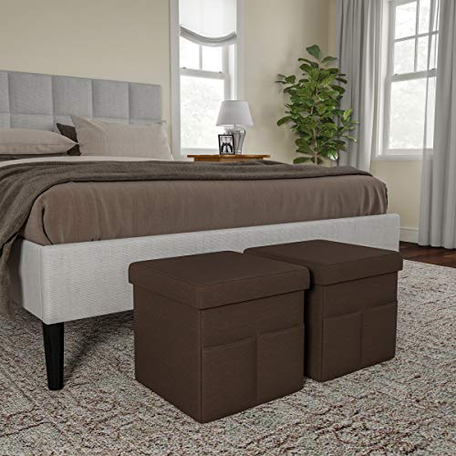 Set of 2 Ottomans with Storage Pockets - 15-Inch Folding Foot Rests or Storage Organizers for Bedroom, Living Room, or Dorm by (Brown)