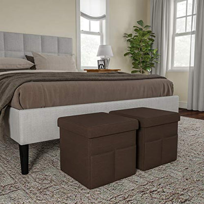 Set of 2 Ottomans with Storage Pockets - 15-Inch Folding Foot Rests or Storage Organizers for Bedroom, Living Room, or Dorm by (Brown)