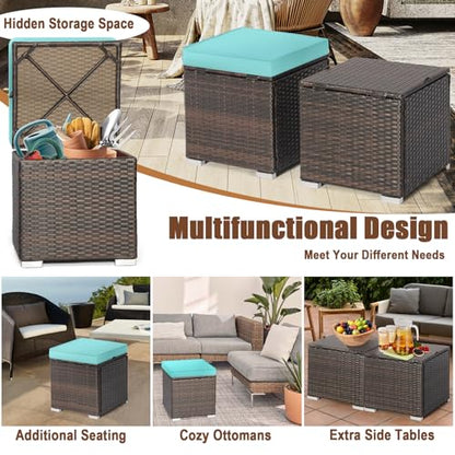 Wicker Outdoor Storage Ottoman, 2-Piece Rattan Footstool w/Removable Cushion, Multipurpose Footrest Stool Side Table Additional Seating, Set of 2 Outdoor Ottomans for Patio Deck (Turquoise)