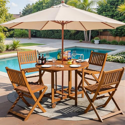 5 Piece Patio Dining Set Outdoor Acacia Wood Furniture All-Weather Folding Round Table and Chairs for Backyard, Balcony, Porch, Deck, Garden, Light Brown