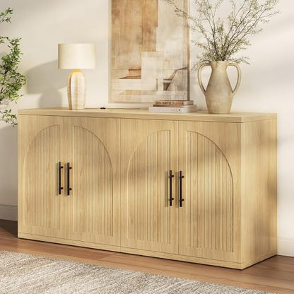 63" Fluted Buffet Cabinet, Oak Credenza with Adjustable Shelf, view 2