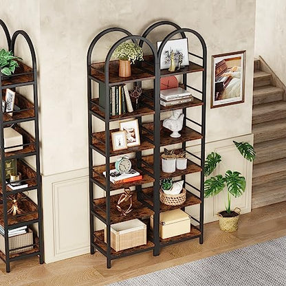 Tribesigns 6-Tier Open Bookshelf, 78.7" Tall Arched Bookcase Narrow Bookshelf with Metal Frame, Freestanding Corner Bookcase Display Shelves for Living Room, Home Office, Rustic Brown