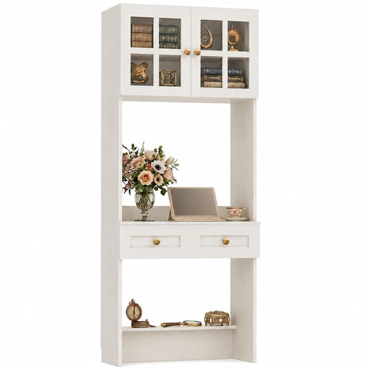 Farmhouse Desk with Glass Hutch, Small Writing Study Desk with Drawers