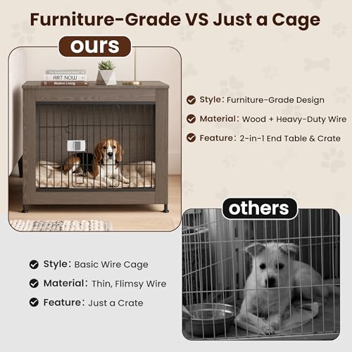 Wooden Dog Crate Furniture 27" for Small to Medium Dogs, Greige, view 7