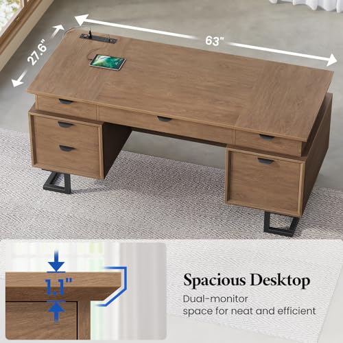 63" Executive Desk with Charging Station, Large Home Office Desks with 6 Drawers and 2 Storage Cabinets, File Drawer, Keyboard Tray, Privacy Panel, Desk Grommet, U-Shaped Metal Legs for Work and Study