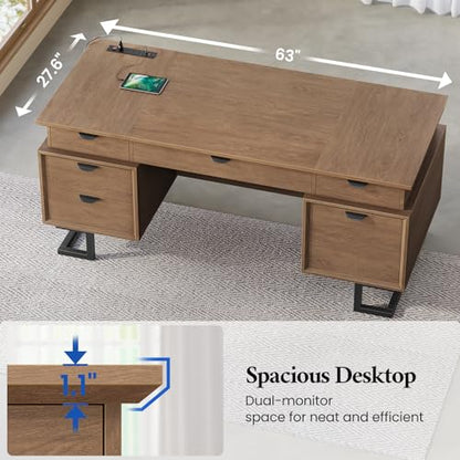 63" Executive Desk with Charging Station, Large Home Office Desks with 6 Drawers and 2 Storage Cabinets, File Drawer, Keyboard Tray, Privacy Panel, Desk Grommet, U-Shaped Metal Legs for Work and Study
