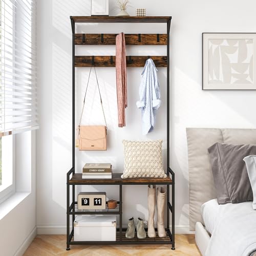 Coat Rack Shoe Bench, 3-in-1 Industrial Hall Tree w/Storage Bench & 9 Hanging Hooks, 3-Tier Wood Look Entryway Bench w/Metal Frame, Adjustable Foot Pads for Dorm, Apartment, Hall, Brown
