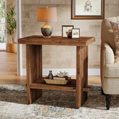 Solid Wood Side Table, 2-Tier End Table with Solid Base, Accent Furniture Bedside Nightstand Storage for Living Room and Bedroom, Small Spaces, Assembly Required