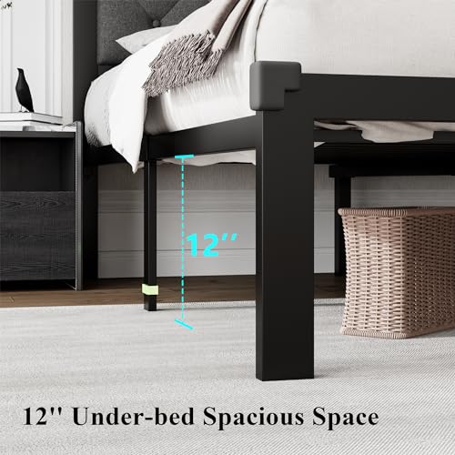 Full Size Metal Bed Frame, Linen Platform Bed Frame with Button Tufted Headboard, view 3