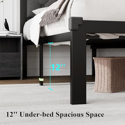 Full Size Metal Bed Frame, Linen Platform Bed Frame with Button Tufted Headboard, view 3