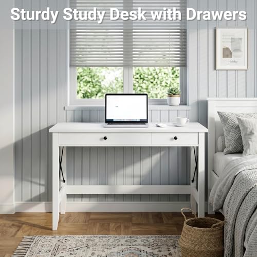 43.3 Inch White Computer Desk with 2 Drawers for Home Office Bedroom, view 4