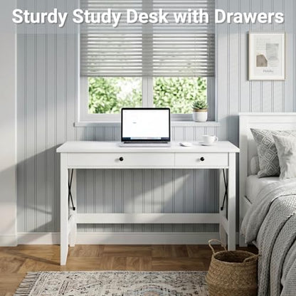 43.3 Inch White Computer Desk with 2 Drawers for Home Office Bedroom, view 4