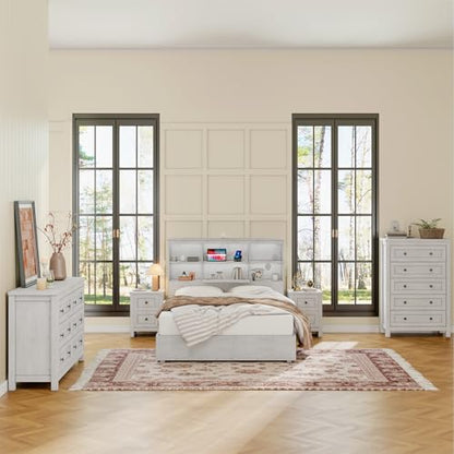 4 Pieces Farmhouse Bedroom Set, 1 X Wood Rustic 6 Drawer Storage Dresser, 1 X 5 Drawer Dresser, Nightstand Set of 2 with Charging Station, Farmhouse Bedroom Furniture Set, Rustic White