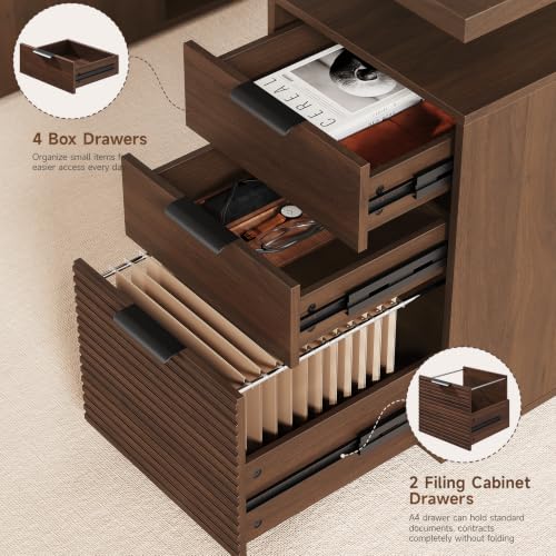 63" Electric Standing Desk with 6 Drawers,Storage Shelves,Walnut, view 6