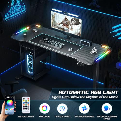 Gaming Standing Desk with LED Lights & Host Shelf, 55" x 24" Gaming Table with Music Sensing APP Control, Underdesk Cable Storage Electric Standing Desk, Black Carbon Fiber PC Table for Home Office
