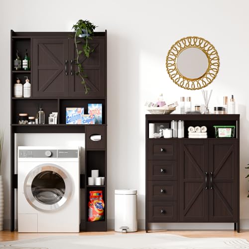 Farmhouse Storage Cabinet with 2 Doors and 4 Drawers, Freestanding Bathroom Compartment Kitchen Pantry Cabinet, Floor Cupboard for Kitchen/Living Room/Bathroom, Espresso