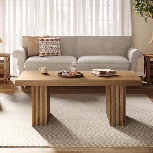 Tribesigns Farmhouse Coffee Table, 47.24 Inch Rectangle Center Table with Large Tabletop & Thick Base, Rustic Wooden Furniture for Living Room, Apartment, Reception Areas, Brown