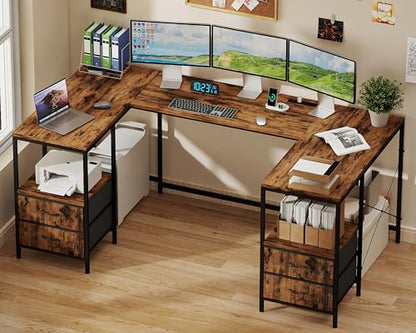 67" U Shaped Computer Desk - Reversible L Shaped Gaming Desk with 4 Fabric Drawers, Corner Desk U Shape for Home Office Work Study, Rusitc Brown