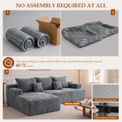 96.8" Cloud Modular Sectional Sofa Boneless Couch with L Shaped Chaise, Modern Corduroy Upholstered Deep Seat Couches Lounge with 5 Pillows for Living Room Bedroom(Dark Gray, Left Facing Chaise)