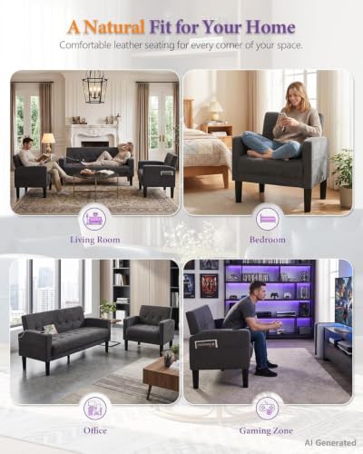 Sofa Couch, Living Room Furniture Sectional Sofa Sets of 3 Pcs, Tufted Mid-Century Loveseat w/USB, Cupholders & Comfy Single Sofa for Small Space, Apartment, Office (Dark Grey)