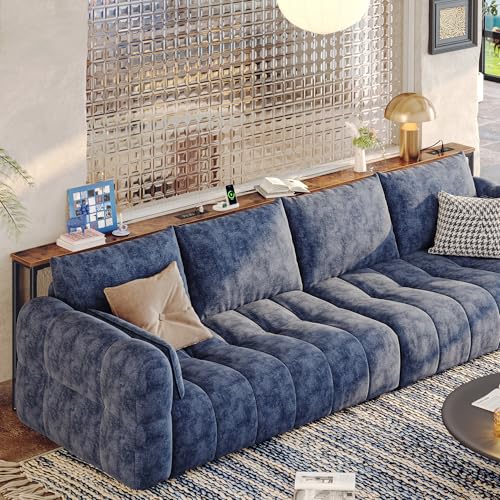 110.2 Inch Behind Couch Table with 2 Power Outlets and USB-C Ports, Extra Long Narrow Sofa Table for Sectional Sofa, Skinny Console Table with Anti-Bump Pads, for Living Room, Rustic Brown
