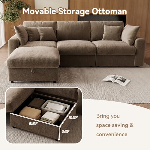 110” Cloud Sectional Couches for Living Room, Modular Sectional Sofa with Deep Seat, Convertible L-Shape Couch with Storage Ottoman for Bedroom Apartment, Chenille (Brown)