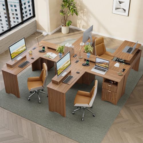 55" L Shaped Desk with Lift Top, Fluted Drawers, Brown Oak, view 3