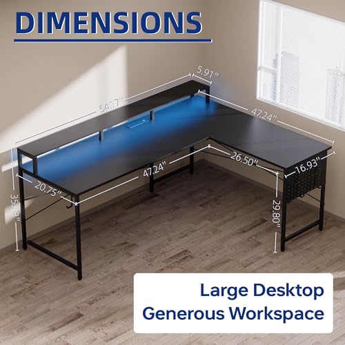 64 Inch L Shaped Gaming Desk with Power Outlets and Led Lights, Large Corner Computer Desk with Monitor Stand and Pegboard, PC Table for Home Office and Bedroom White