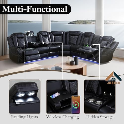 Power Recliner Sectional Sofa Set for Living Room, Leather Recliner Sofa Sets, L-Shaped Corner Sectional Couch Sets with LED Lights, Console Storage(Sectional,Black)