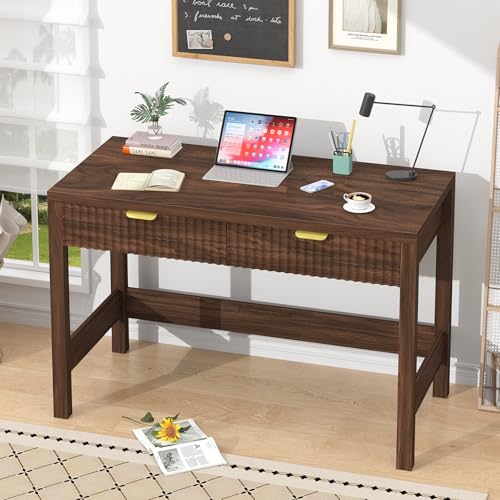 Fluted Computer Desk with 2 Drawers, 39 Inch Small Computer Desk with Storage, Compact Writing Study Desk for Small Spaces, Walnut