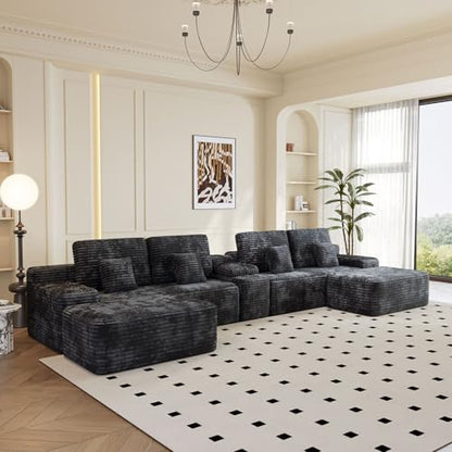150" U-Shaped Oversized Corduroy Modular Sectional Sofa with 2 Ottomans and Multi Functional Console, 6-Seater Upholstered Couch with USB and 2 Cup Holder, Easy Assembly, for Living Room, Black
