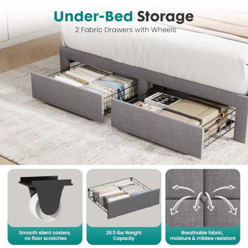 Full Bed Frame, Upholstered Platform Bed Frame with Storage Drawers, view 6