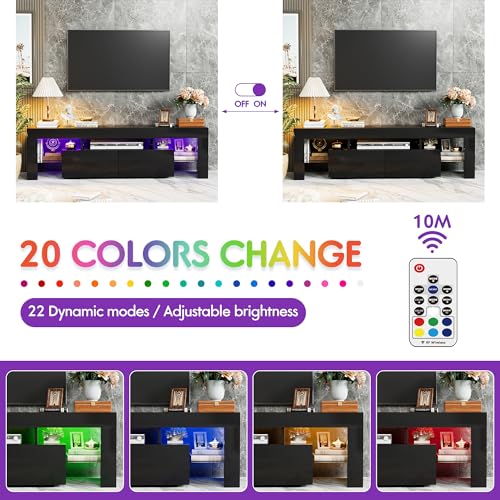 TV Stand, Modern Lighting TV Cabinet Entertainment Center Media and Open Shelf, TV Console Table with 1 Drawer and Remote Control, 20 Color LED Lights up to 70 Inch TV (Black)
